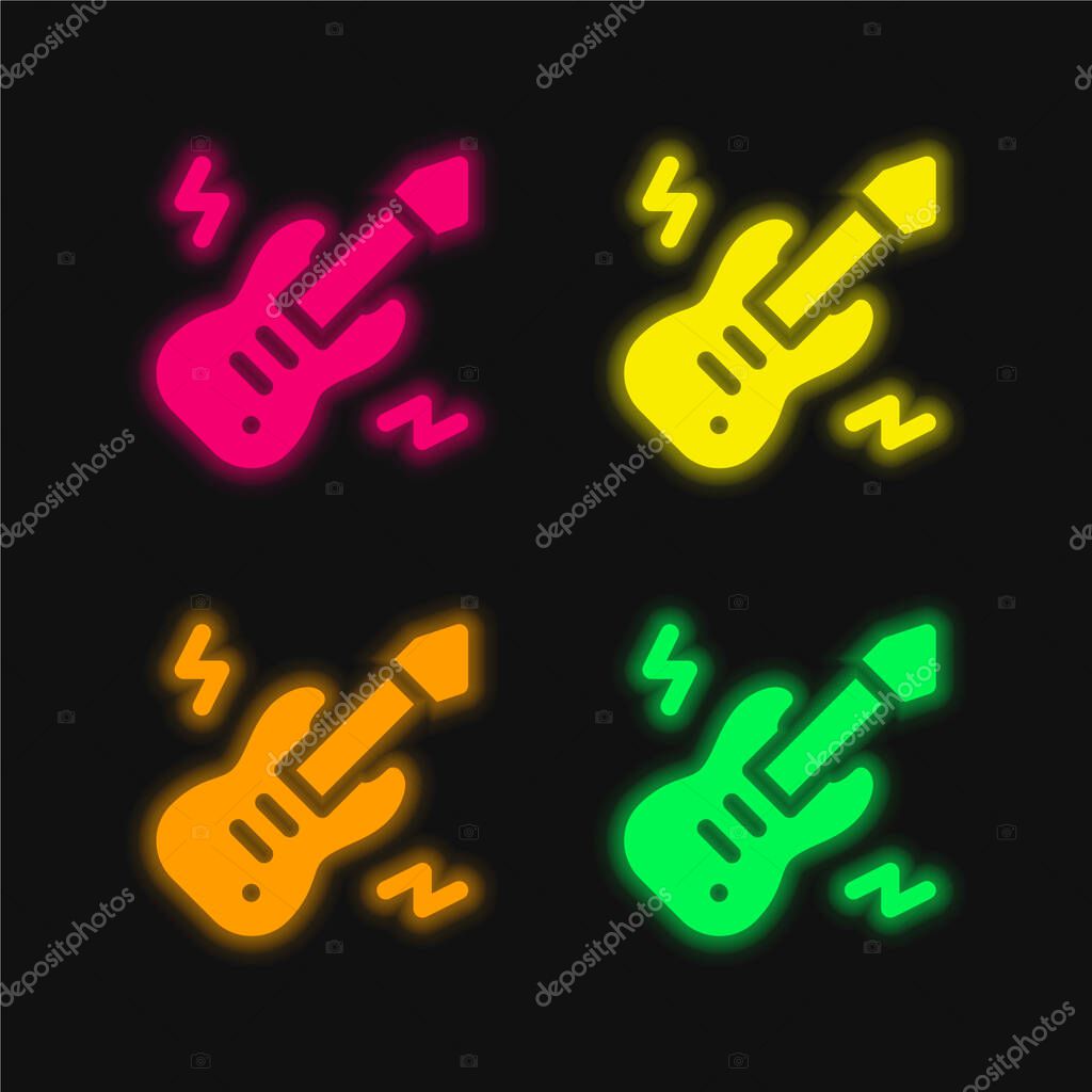 Bass Guitar four color glowing neon vector icon