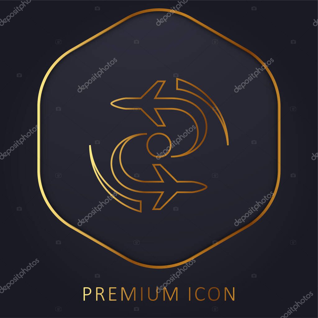 Airplane Silhouette In Rotation golden line premium logo or icon