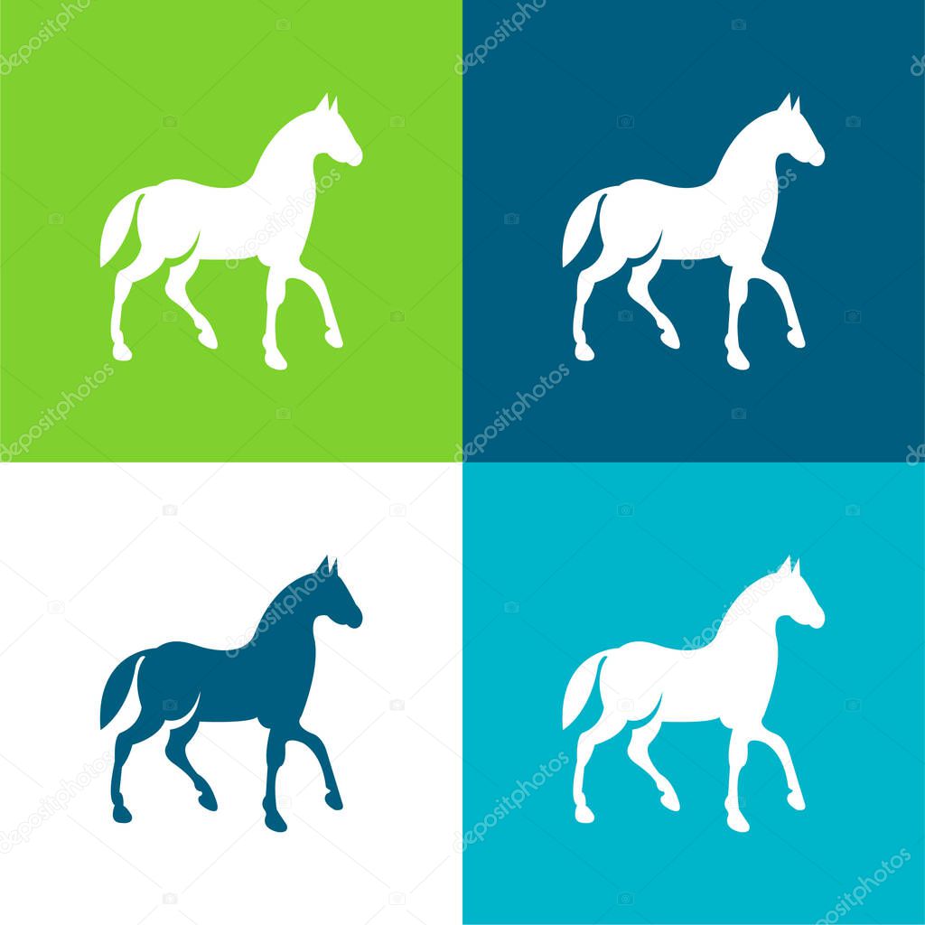 Black Race Horse On Walking Pose Side View Flat four color minimal icon set