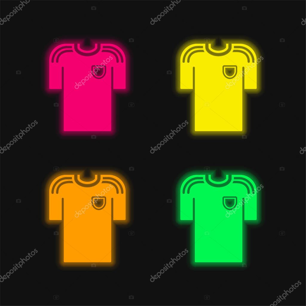 Black T Shirt Of A Soccer Player four color glowing neon vector icon