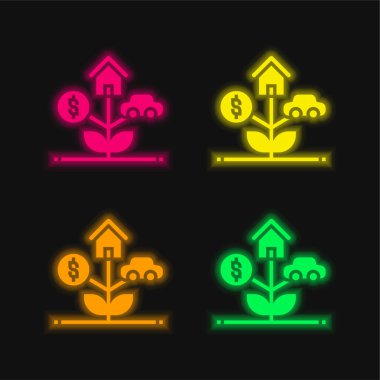 Varlıklar parlayan dört renk neon vektör simgesi