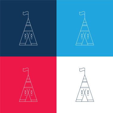 African Tribal Tent With Flag blue and red four color minimal icon set clipart