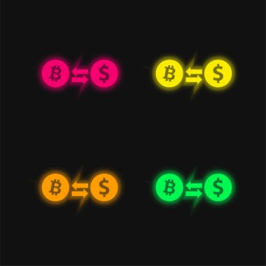 Bitcoin 'den Dolar Takas Oranı Sembolüne Dört Renkli Parlak neon vektör simgesi