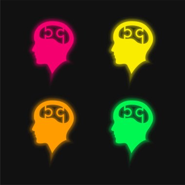 Bald Head With Puzzle Brain four color glowing neon vector icon clipart