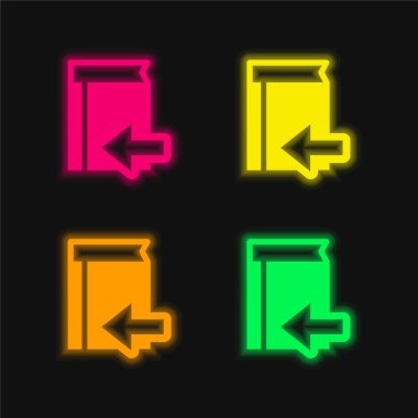 Sol Ok ile Kitap Geri Düğmesi 4 renkli parlak neon vektör simgesi