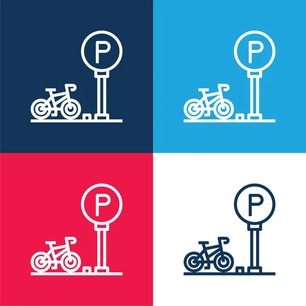 Cykel Parkering Blå Rød Fire Farve Minimal Ikon Sæt – Stock-vektor
