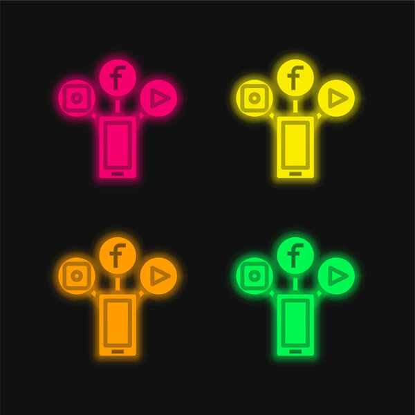 Aplicación Cuatro Colores Brillante Icono Vectores Neón — Vector de stock
