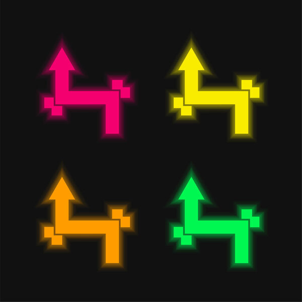 Arrow With Two Straight Angles four color glowing neon vector icon