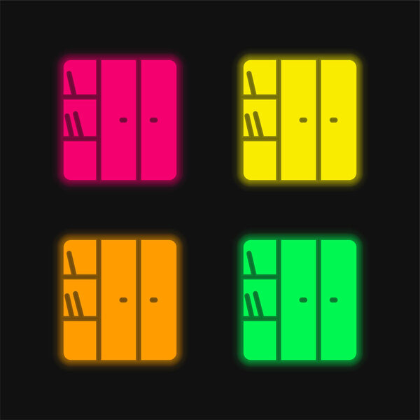 Bookcase four color glowing neon vector icon
