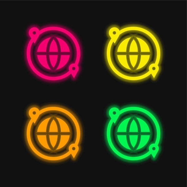 Around The World four color glowing neon vector icon