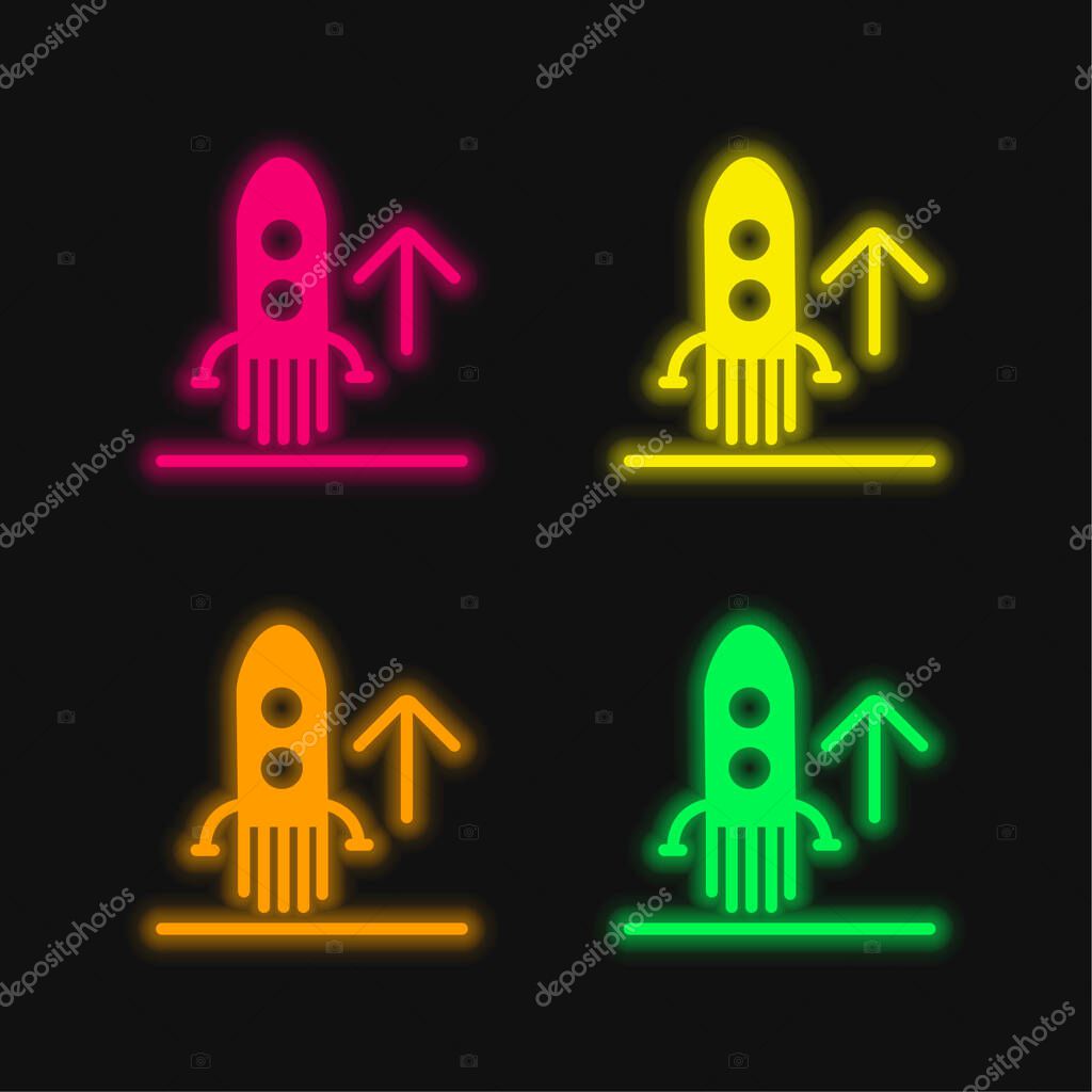 Ascending Rocket Ship four color glowing neon vector icon