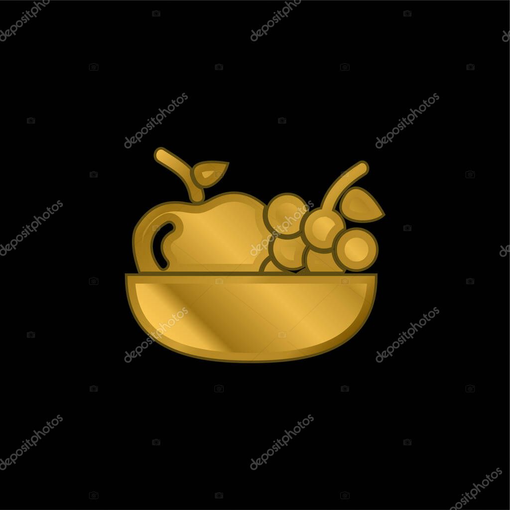 Apple And Grapes On A Bowl gold plated metalic icon or logo vector