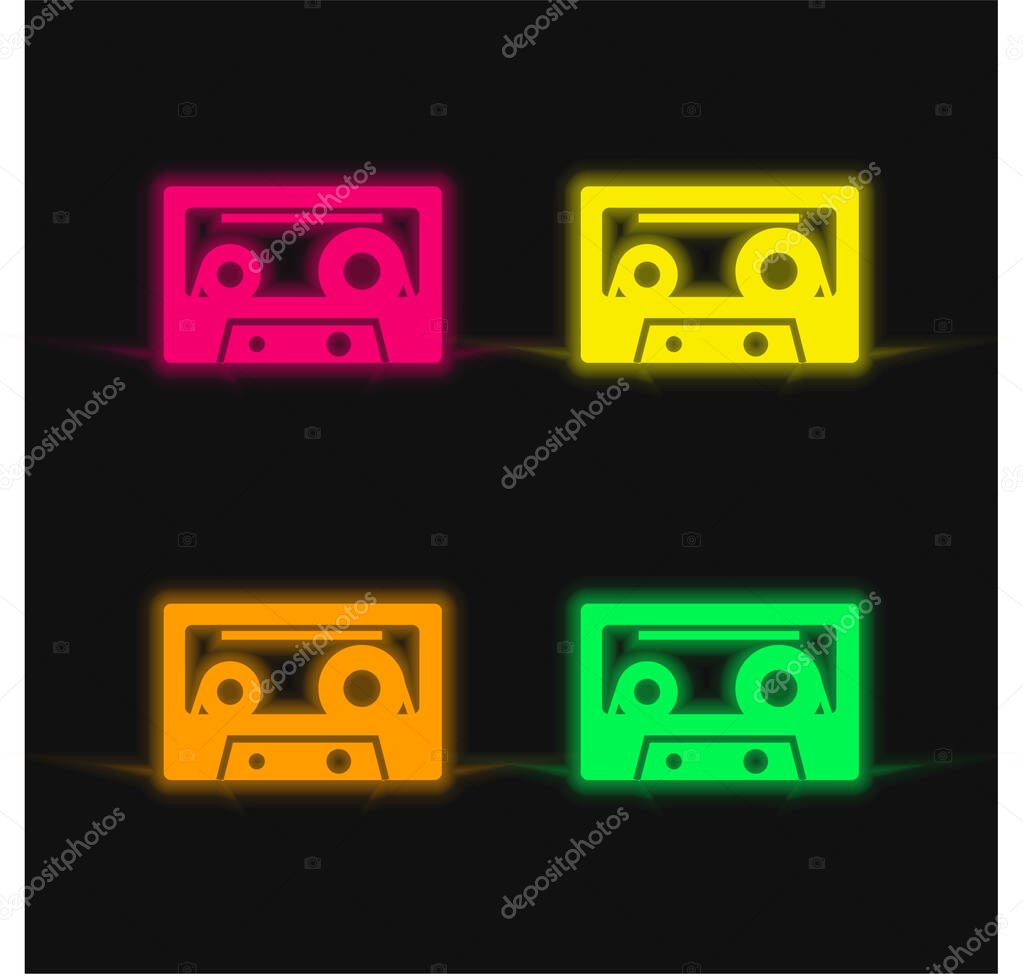 Audio Cassette four color glowing neon vector icon