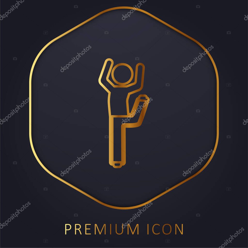 Boy With Bended Leg And Arms Up golden line premium logo or icon