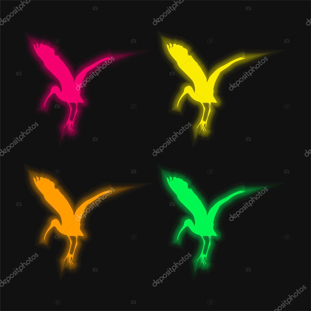 Bird Stork Shape four color glowing neon vector icon