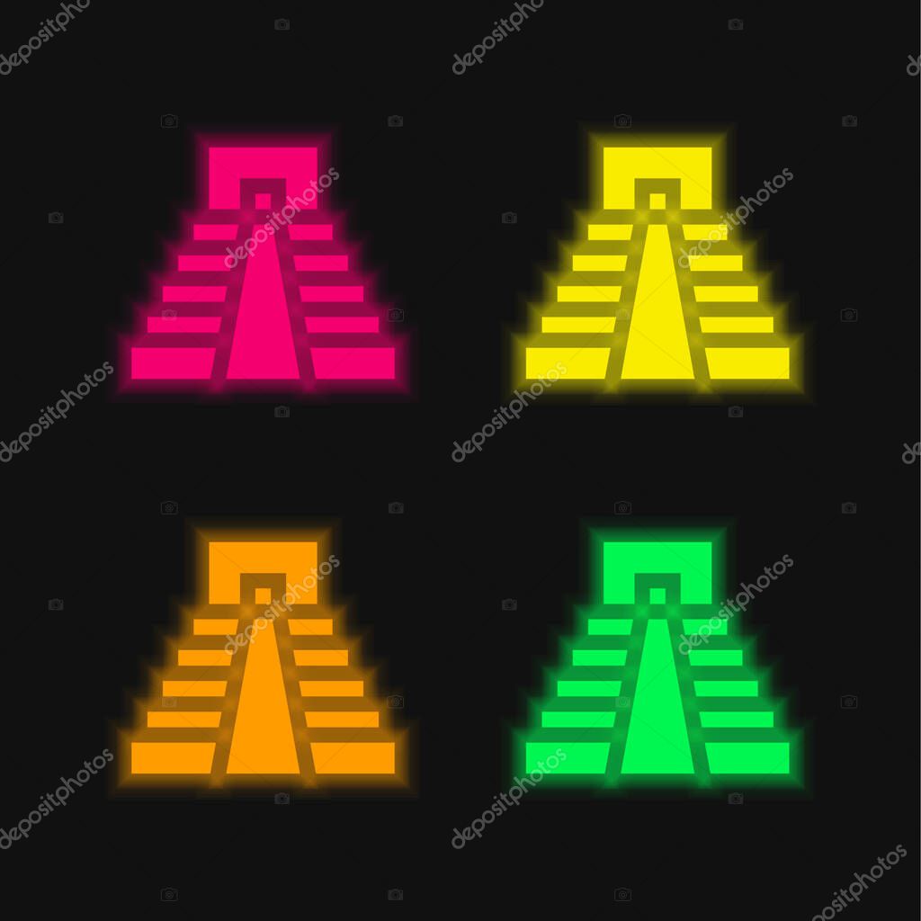Aztec Pyramid four color glowing neon vector icon