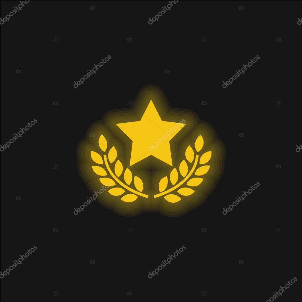 Award Star With Olive Branches yellow glowing neon icon