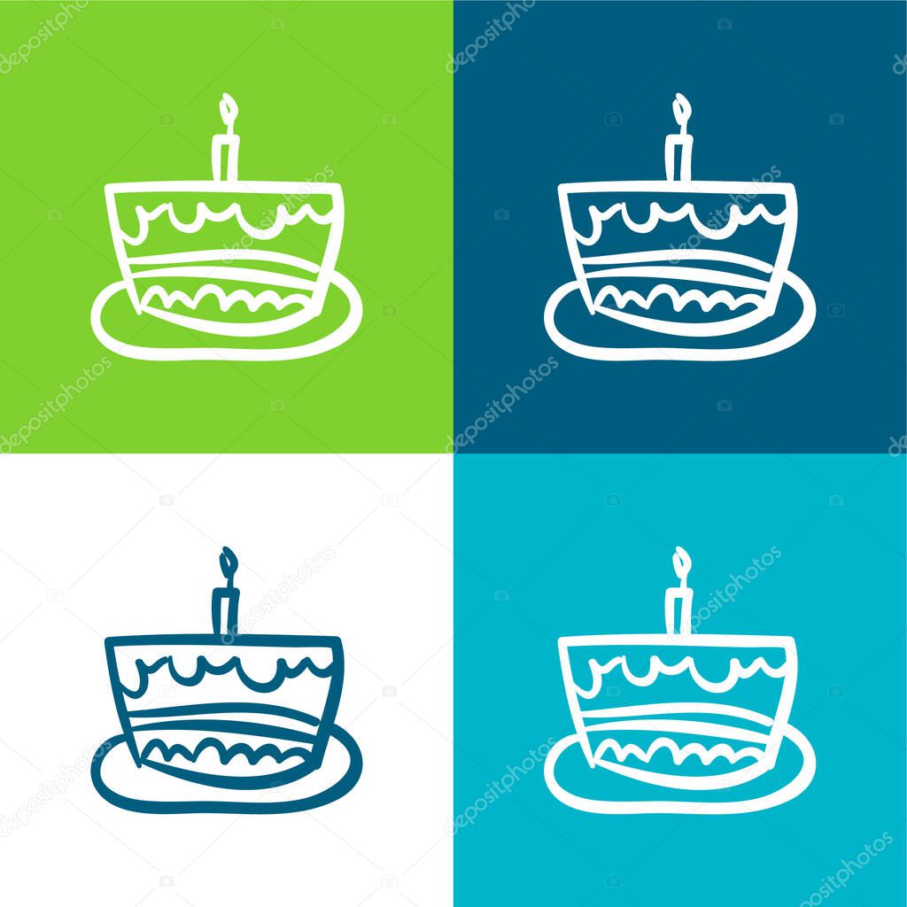 Birthday Cake Hand Drawn Celebration Food Flat four color minimal icon set