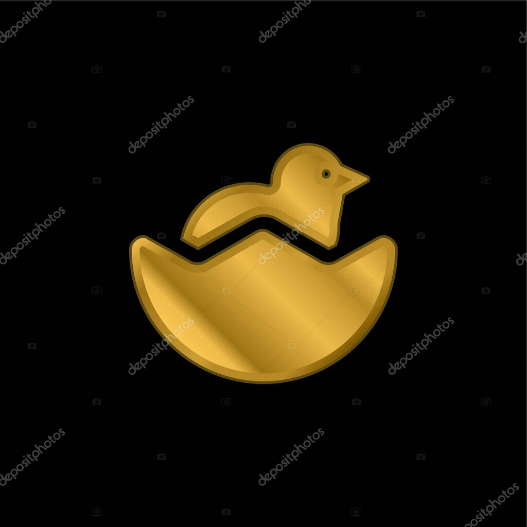 Baby Chicken And Half Egg Shell gold plated metalic icon or logo vector