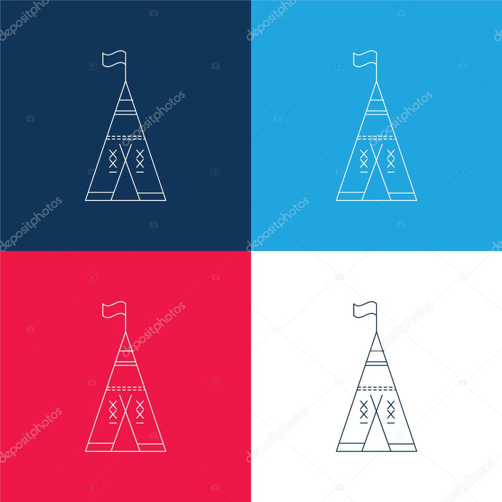 African Tribal Tent With Flag blue and red four color minimal icon set