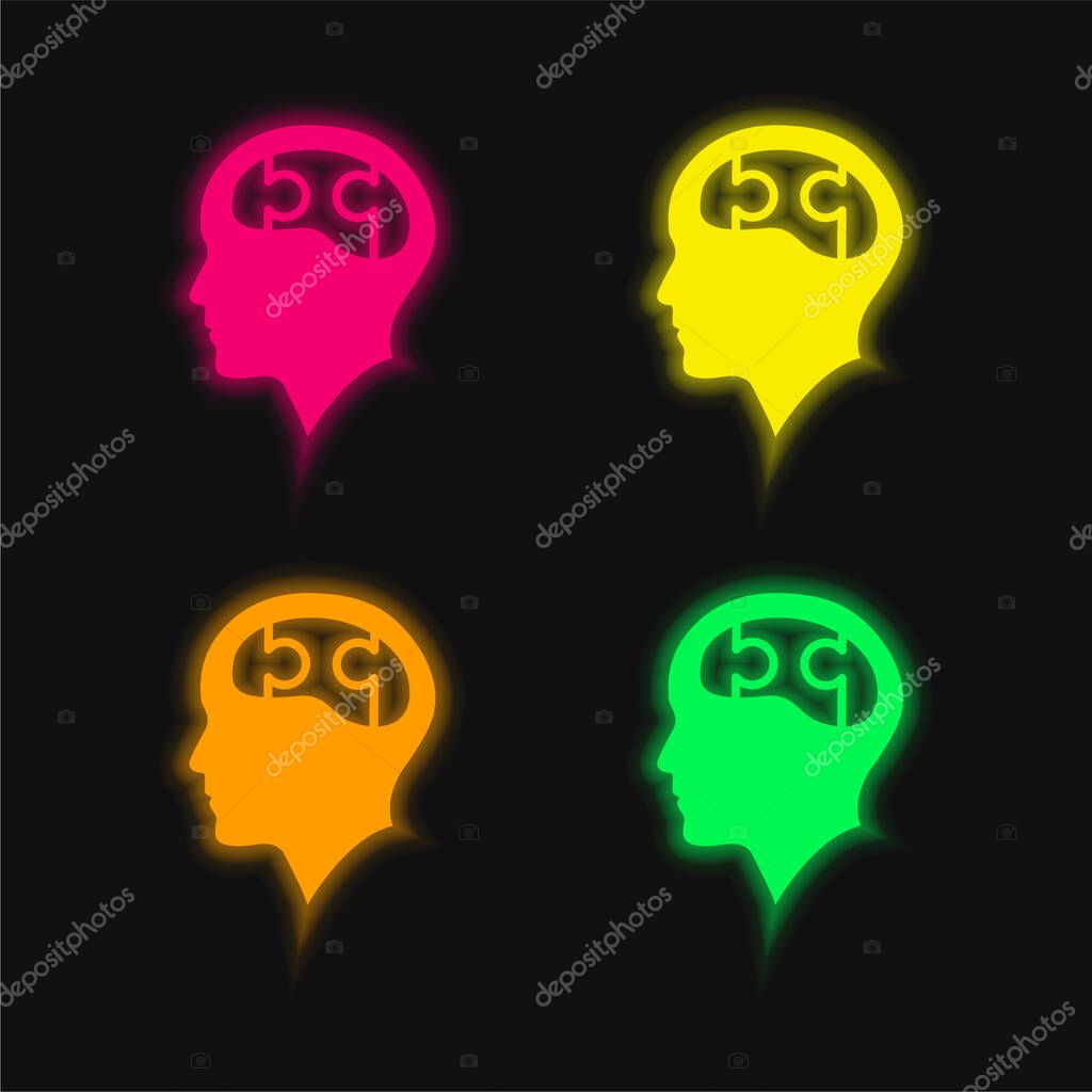Bald Head With Puzzle Brain four color glowing neon vector icon