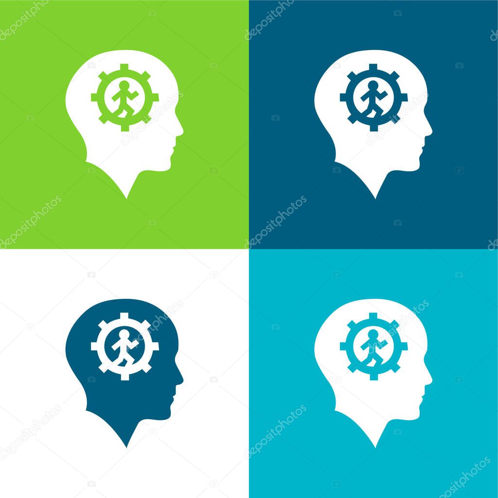 Bald Head With Gear And Running Man Inside Flat four color minimal icon set