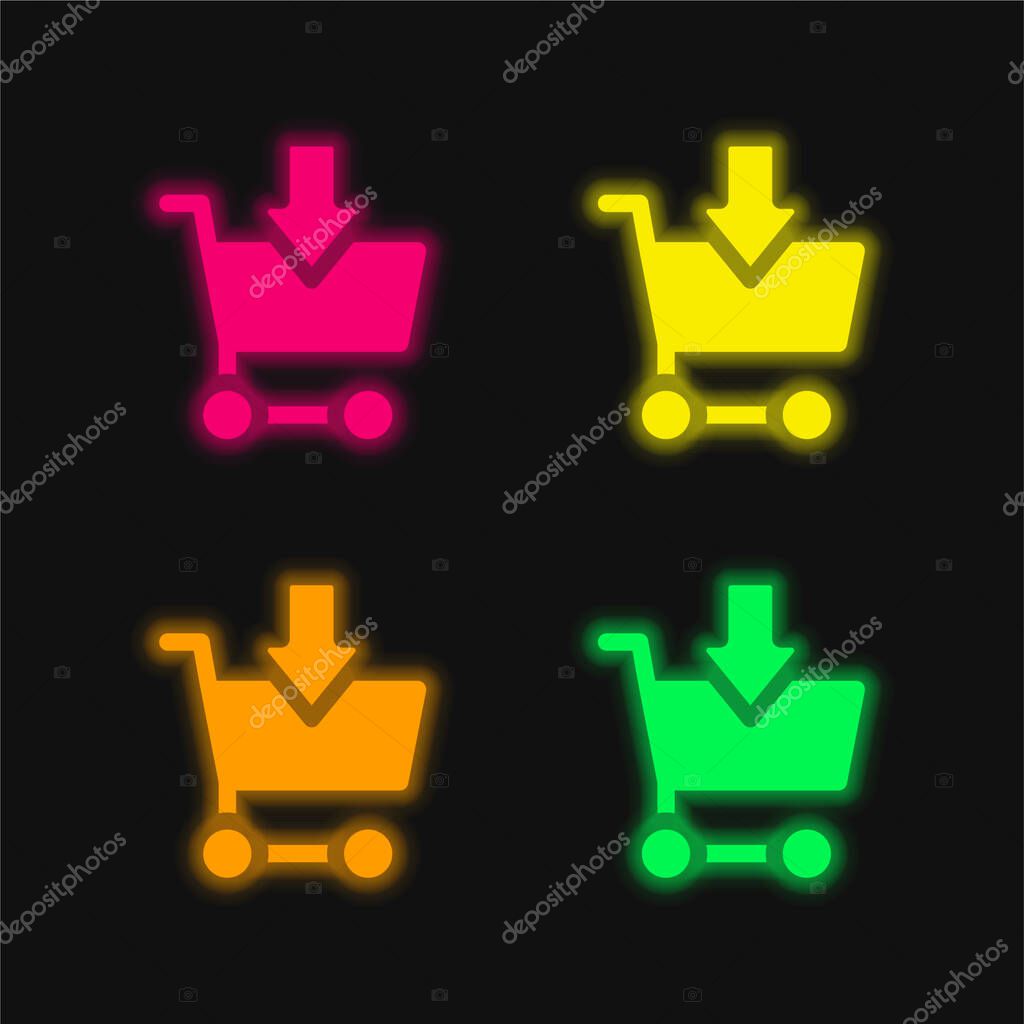 Add To Cart four color glowing neon vector icon