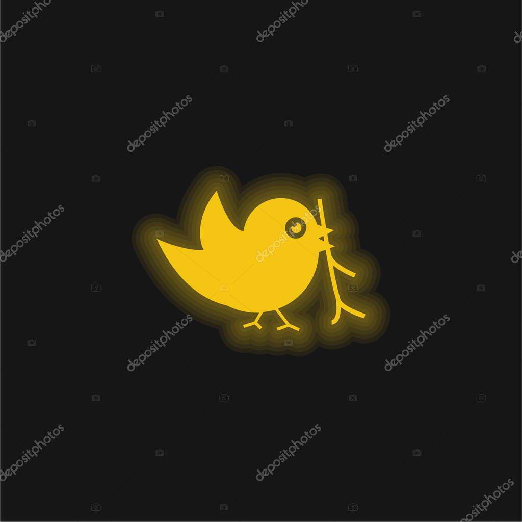 Bird With Sprig In Its Beak yellow glowing neon icon
