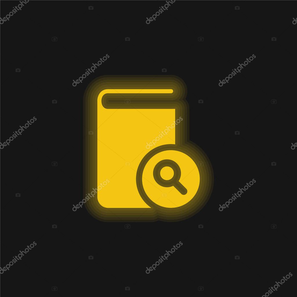 Book Of Black Cover Closed With A Magnifier Symbol On Top yellow glowing neon icon