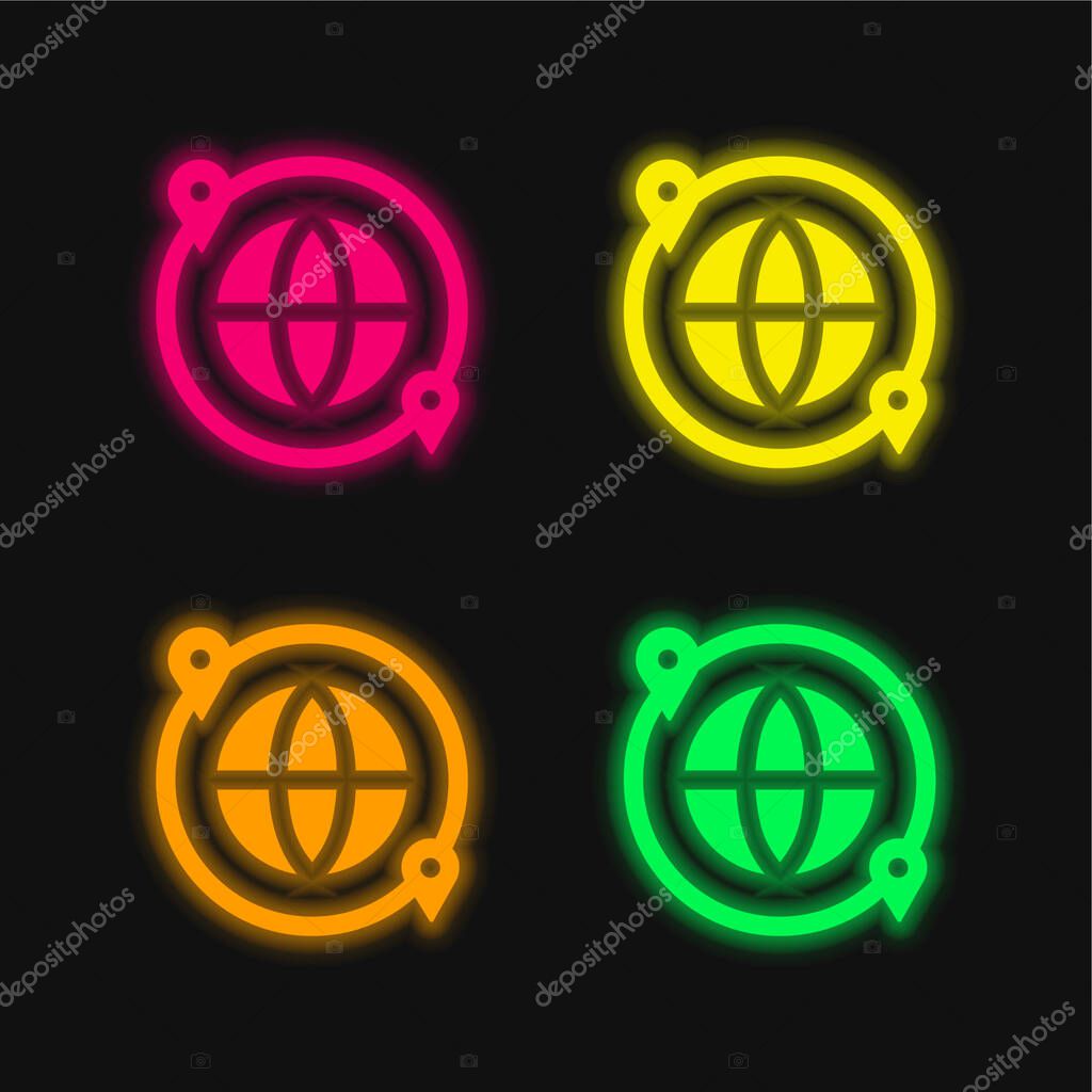 Around The World four color glowing neon vector icon