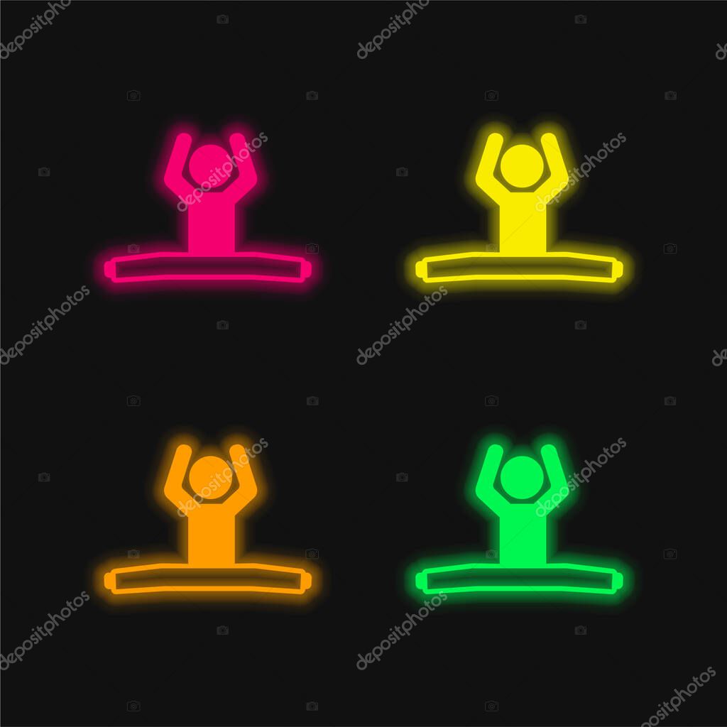 Boy Sitting With Stretch Legs And Arms Up four color glowing neon vector icon