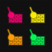 Cihly zeď a demolice koule čtyři barvy zářící neonový vektor ikona
