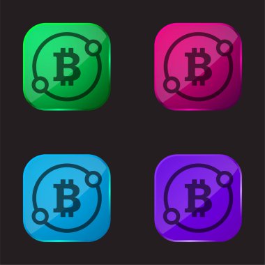 İki Noktalı Bir Çemberde Bitcoin İşareti Sembolü Dört Renkli Cam Simgeye Bağla