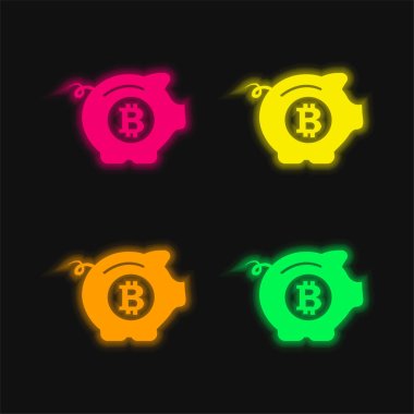 Bitcoin Güvenli Domuz 4 renkli parlayan neon vektör simgesi