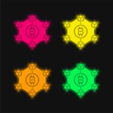 Blok zinciri dört renk parlak neon vektör simgesi