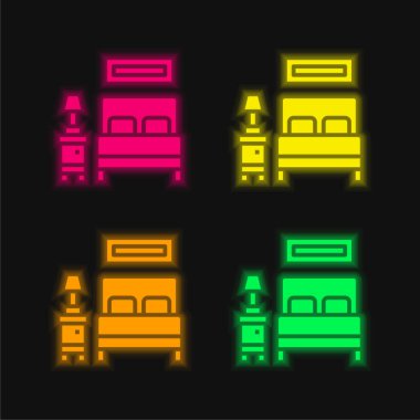 Yatak dört renk parlayan neon vektör simgesi
