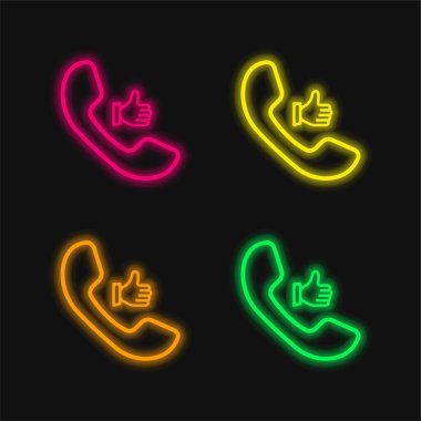Auricular Call Symbol With Thumb Up four color glowing neon vector icon clipart
