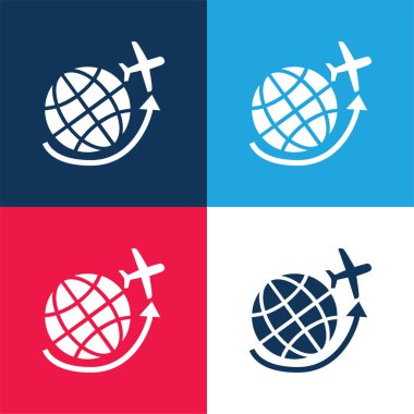 Airplane Flying Around Earth Grid blue and red four color minimal icon set clipart
