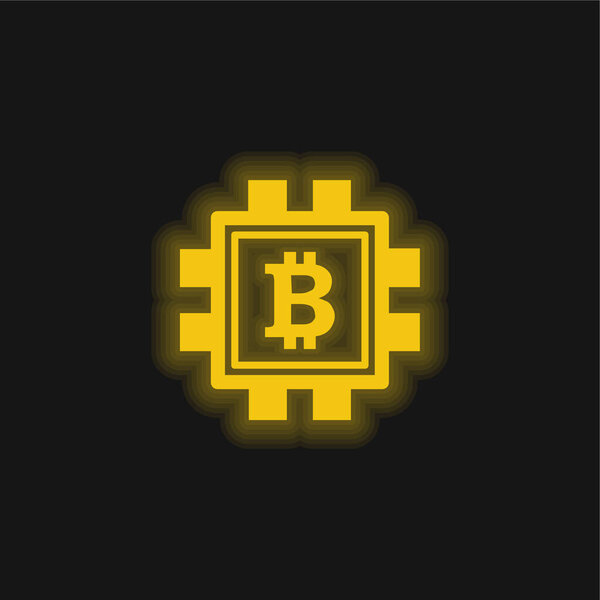 Bitcoin In Processor yellow glowing neon icon