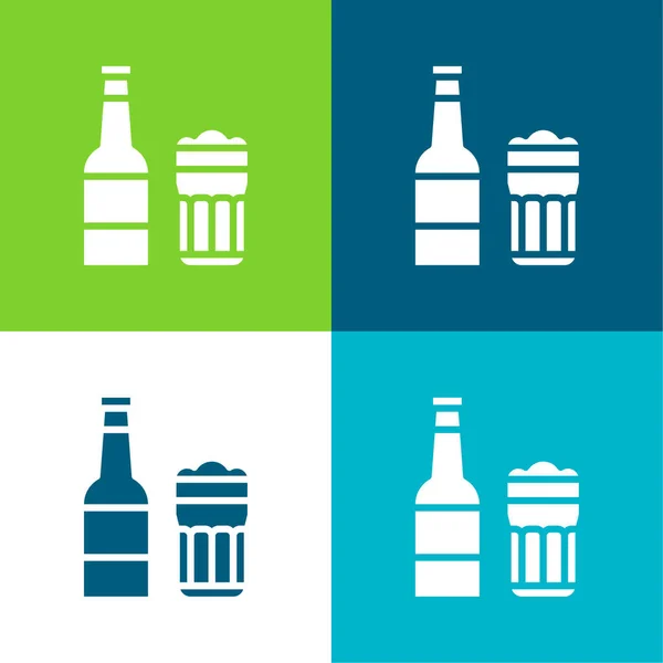 Bière Ensemble Icônes Minimal Plat Quatre Couleurs — Image vectorielle