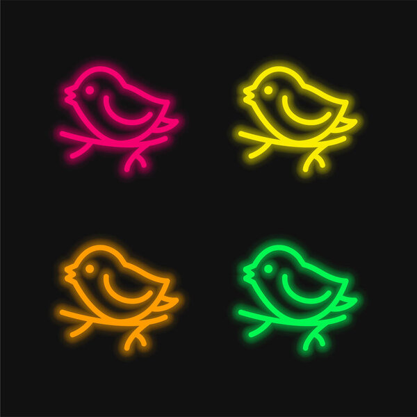 Bird On Branch four color glowing neon vector icon