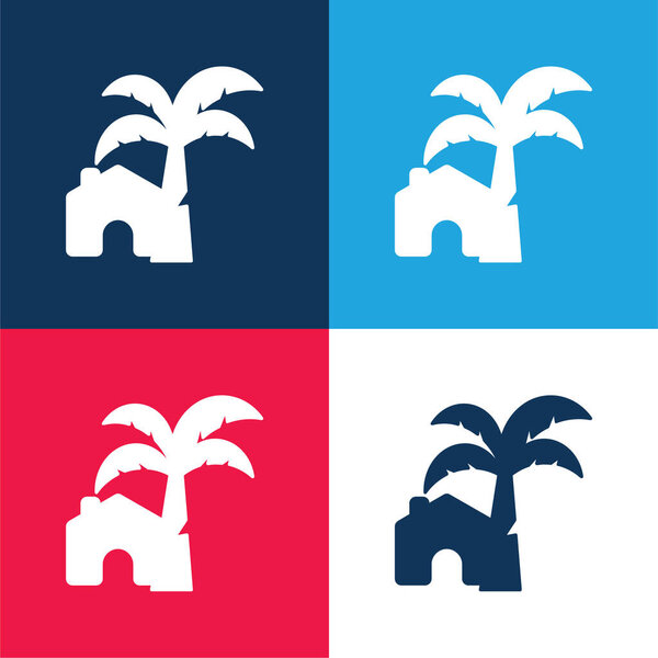 Beach House Blue Red Four Color Minimal Icon Set — Stock Vector