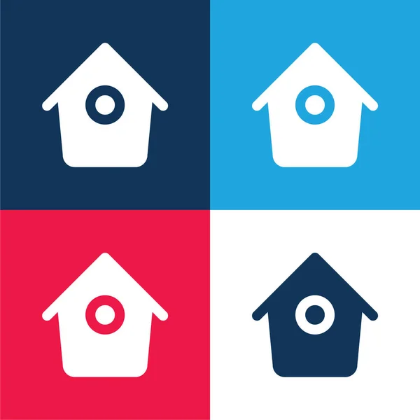 Casa Aves Con Pequeño Agujero Redondo Azul Rojo Conjunto Iconos — Archivo Imágenes Vectoriales