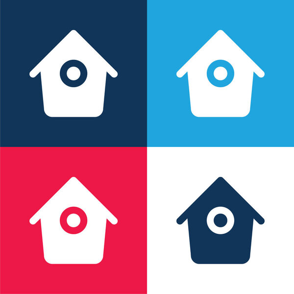 Casa Aves Con Pequeño Agujero Redondo Azul Rojo Conjunto Iconos — Vector de stock