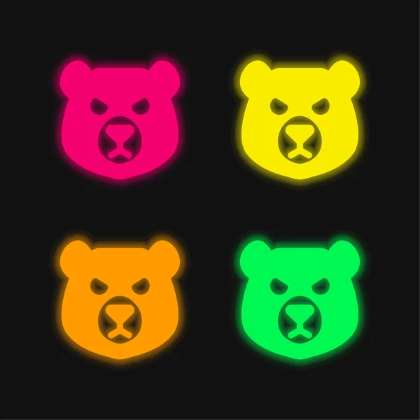 Bear Head Čtyři Barvy Zářící Neonový Vektor Ikona — Stockový vektor