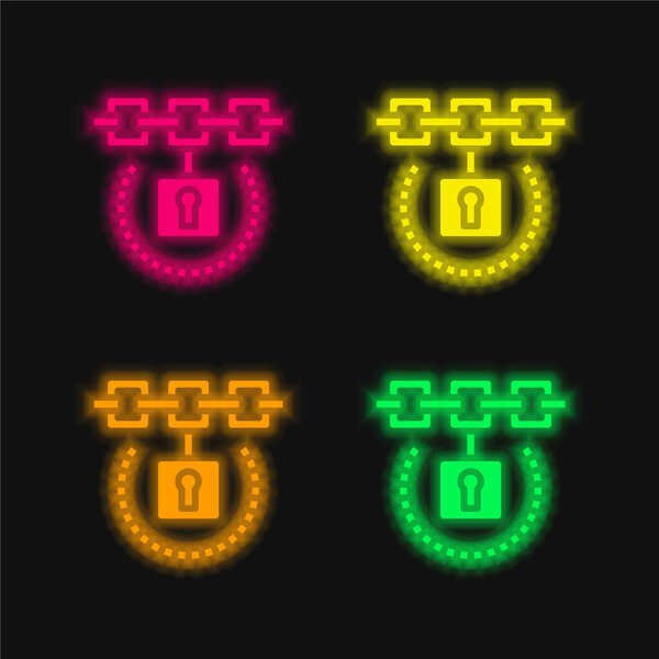 Blockchain четыре цвета светящийся неоновый вектор значок