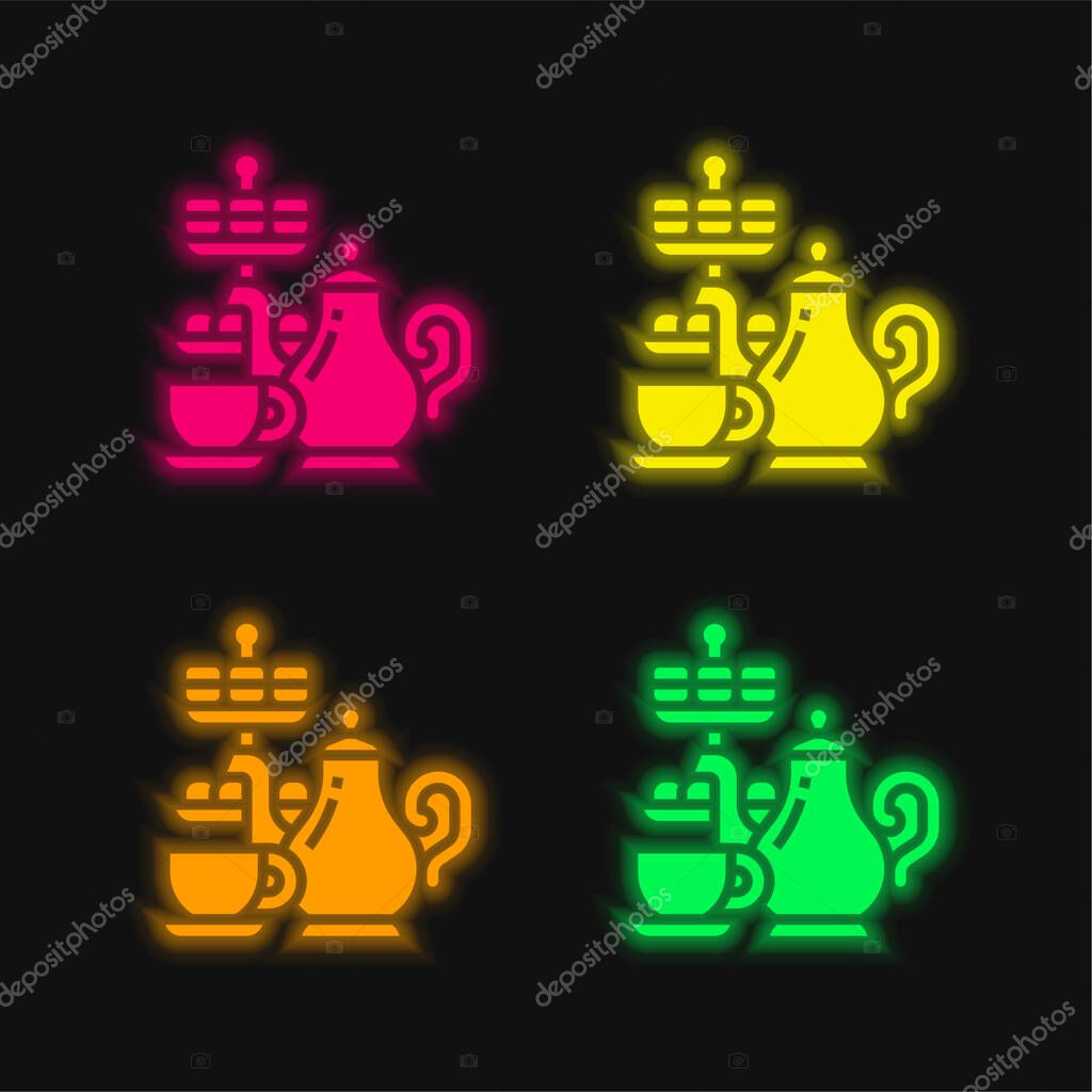 Afternoon Tea four color glowing neon vector icon