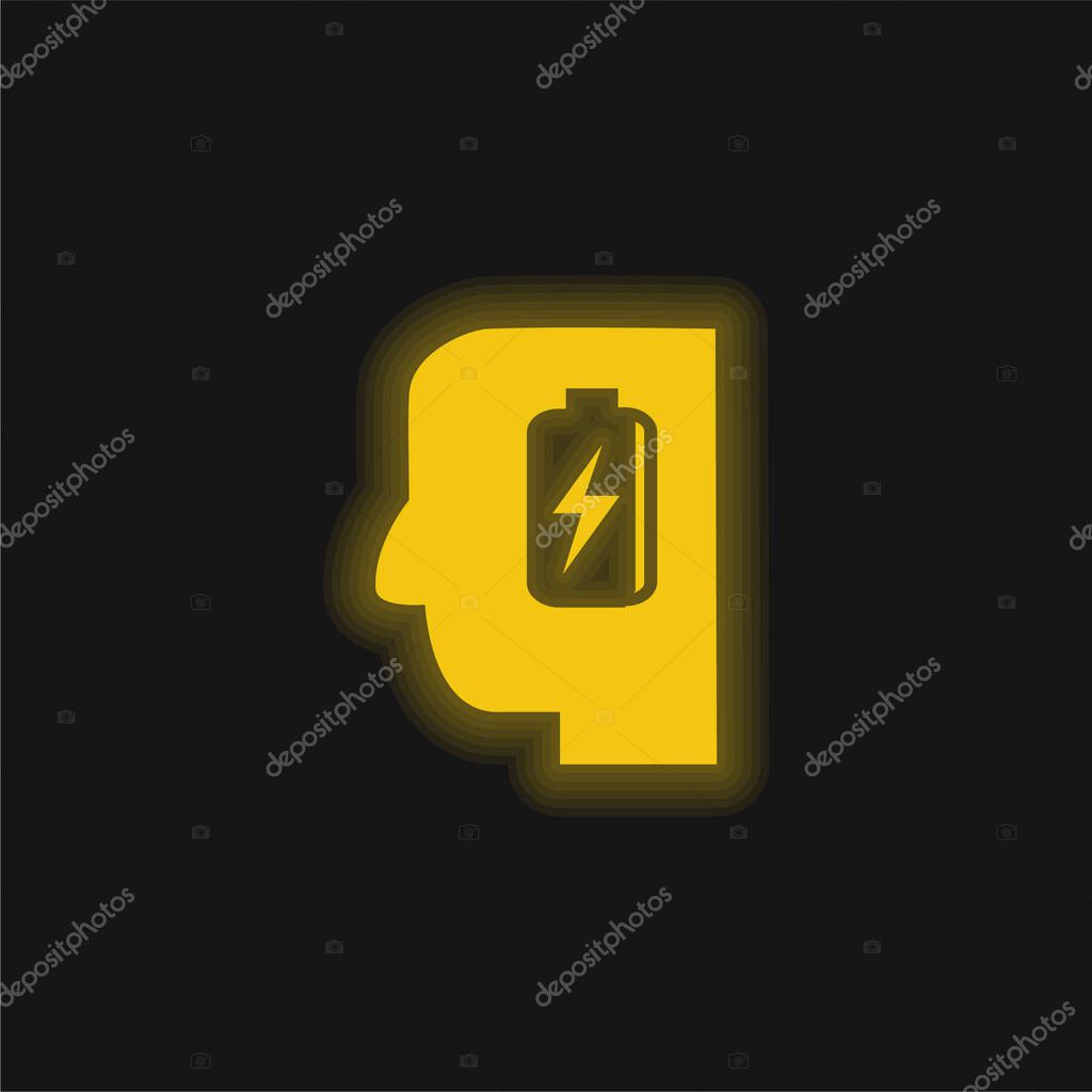 Battery In Man Head yellow glowing neon icon