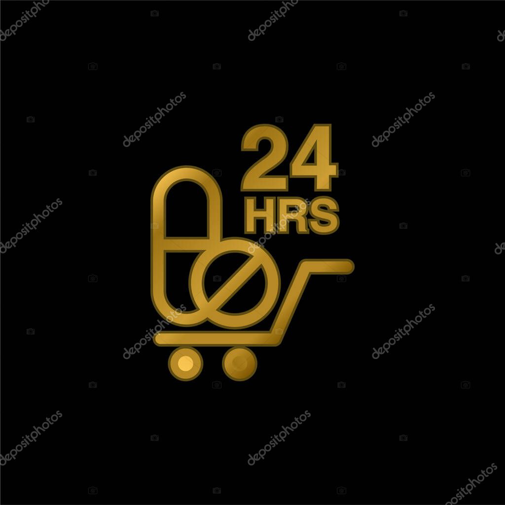 24 Hours Drugs Delivery gold plated metalic icon or logo vector