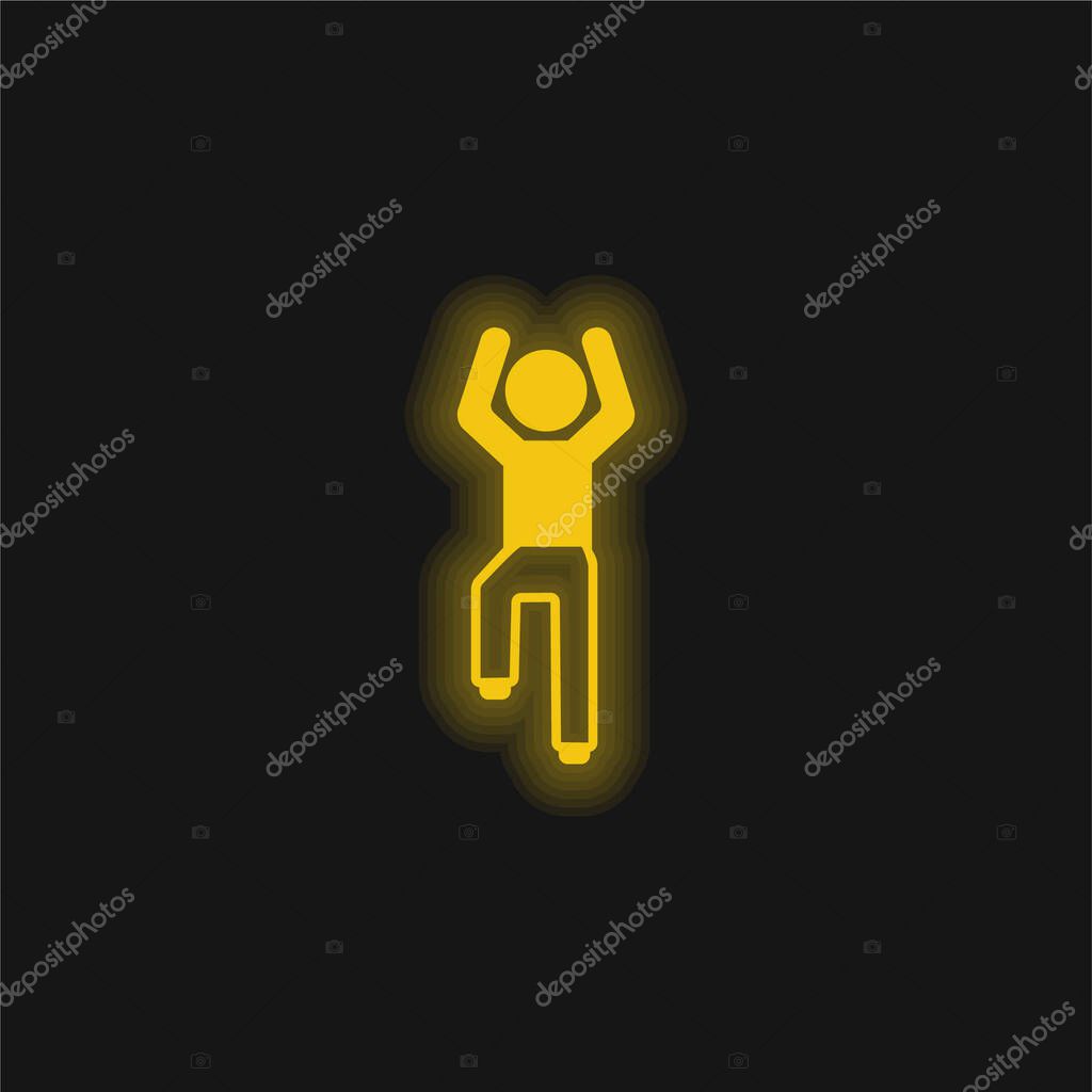 Boy Flexing Arms And One Leg yellow glowing neon icon